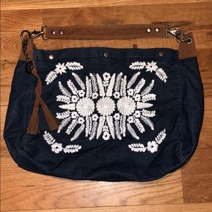 Lucky brand denim purse with white embroidery